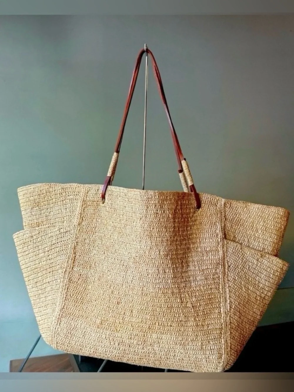 Sézane Natural Woven Straw Tote with Brown Leather Handles